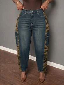 Slaydiva Plus Size Women's Patchwork Camouflage Pattern Pocket Washed Distressed Denim Jeans,Halloween,Christmas,New Year,Women's Camo Cargo Jeans,Party,Winter - Blue - View 4