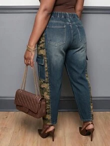 Slaydiva Plus Size Women's Patchwork Camouflage Pattern Pocket Washed Distressed Denim Jeans,Halloween,Christmas,New Year,Women's Camo Cargo Jeans,Party,Winter - Blue - View 7
