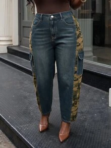 Slaydiva Plus Size Women's Patchwork Camouflage Pattern Pocket Washed Distressed Denim Jeans,Halloween,Christmas,New Year,Women's Camo Cargo Jeans,Party,Winter - Blue - View 3