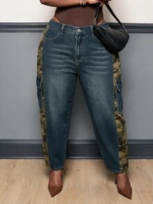 Slaydiva Plus Size Women's Patchwork Camouflage Pattern Pocket Washed Distressed Denim Jeans,Halloween,Christmas,New Year,Women's Camo Cargo Jeans,Party,Winter - Blue - View 6