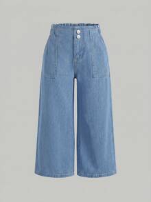 SHEIN 3pcs/Set Young Girl' Navy, Mid-Blue, Light Blue Loose Fit Denim Pants - Multicolor - View 7