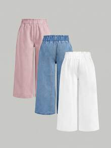 SHEIN 3pcs/Set Young Girl' Navy, Mid-Blue, Light Blue Loose Fit Denim Pants - Multicolor - View 2
