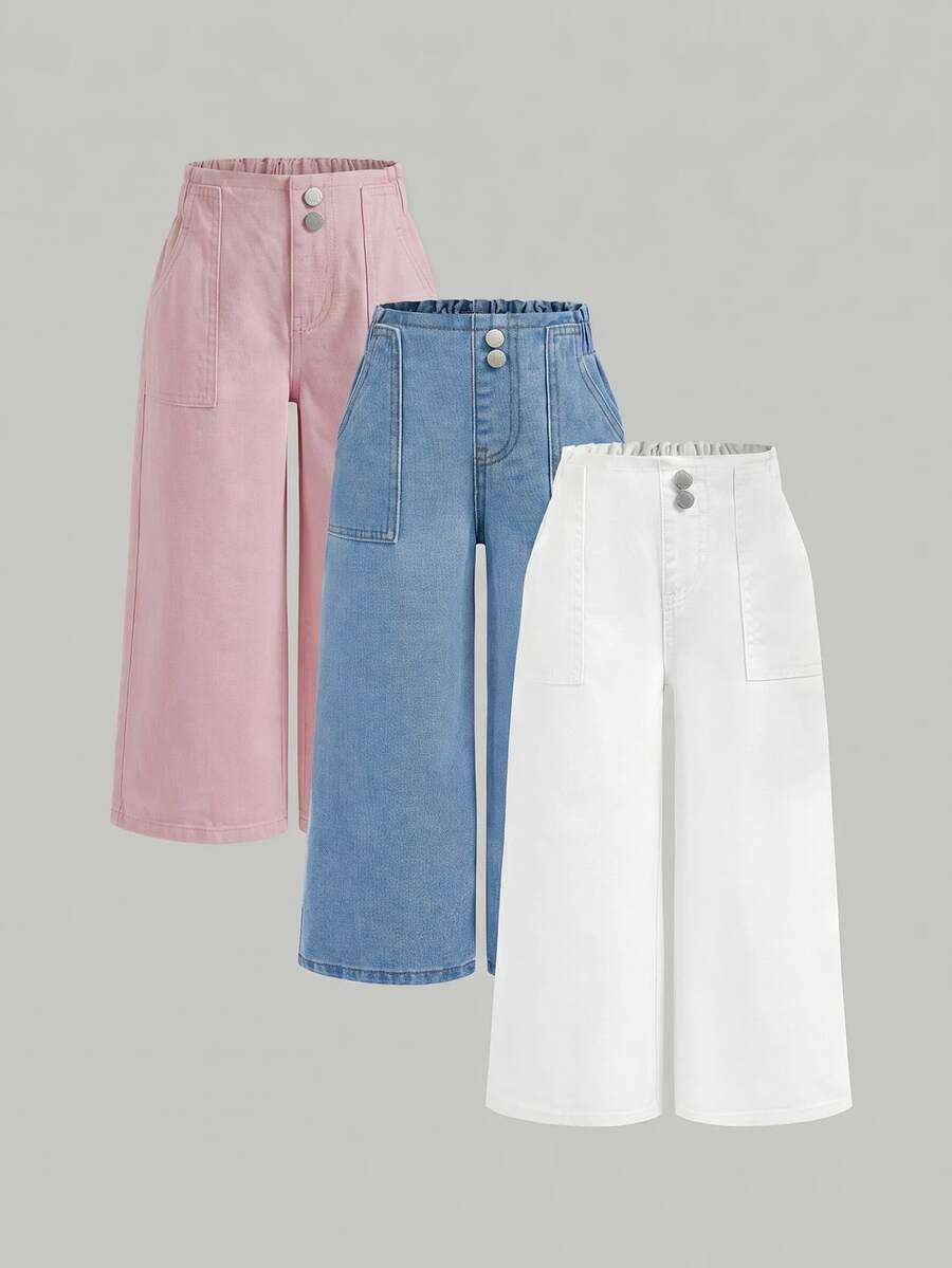 SHEIN 3pcs/Set Young Girl' Navy, Mid-Blue, Light Blue Loose Fit Denim Pants - Multicolor - View 1