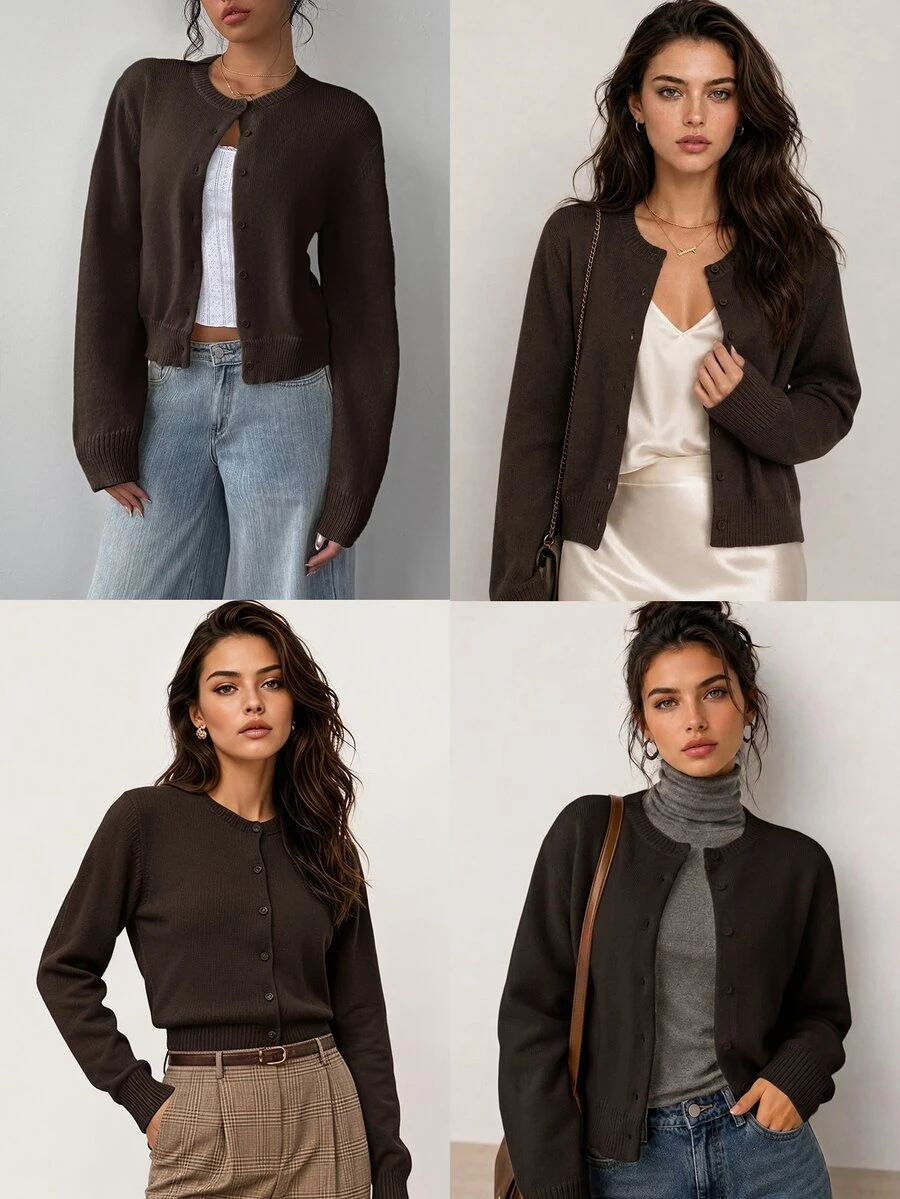 SHEIN BASICS Casual Basic Solid Color Round Neck Long Sleeve Loose Cropped Women Sweater Cardigan Autumn Coat Everyday Business Office Dark Brown Teachers' Day