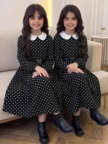 SHEIN 兒童青少年女孩秋冬休閒復古優雅對比色娃娃領拼接黑白波點印花收腰大裙擺長袖梭織洋裝 - 黑與白 - 查看 6