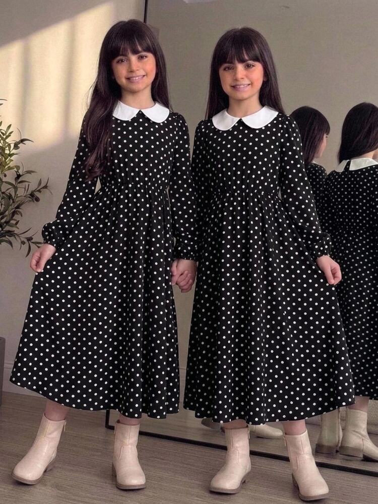 SHEIN Kids Tween Girl Autumn/Winter Casual Retro Elegant Contrast Color Doll Collar Patchwork Black & White Polka Dot Print Cinched Waist Full Skirt Long Sleeve Woven Dress - Black and White - View 4