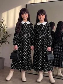 SHEIN 兒童青少年女孩秋冬休閒復古優雅對比色娃娃領拼接黑白波點印花收腰大裙擺長袖梭織洋裝 - 黑與白 - 查看 5