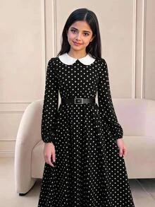 SHEIN 兒童青少年女孩秋冬休閒復古優雅對比色娃娃領拼接黑白波點印花收腰大裙擺長袖梭織洋裝 - 黑與白 - 查看 7