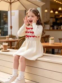 Souflis Souflis Young Girls Apricot & Red Contrast Heart Bow Sweater Dress, Cute Ruffle Round Neck Long Sleeve Knit Dress - Beige - View 7