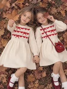 Souflis Souflis Young Girls Apricot & Red Contrast Heart Bow Sweater Dress, Cute Ruffle Round Neck Long Sleeve Knit Dress - Beige - View 9