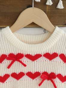 Souflis Souflis Young Girls Apricot & Red Contrast Heart Bow Sweater Dress, Cute Ruffle Round Neck Long Sleeve Knit Dress - Beige - View 3