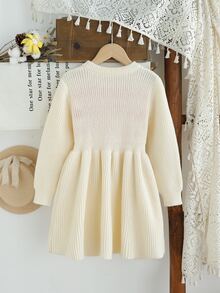 Souflis Souflis Young Girls Apricot & Red Contrast Heart Bow Sweater Dress, Cute Ruffle Round Neck Long Sleeve Knit Dress - Beige - View 2