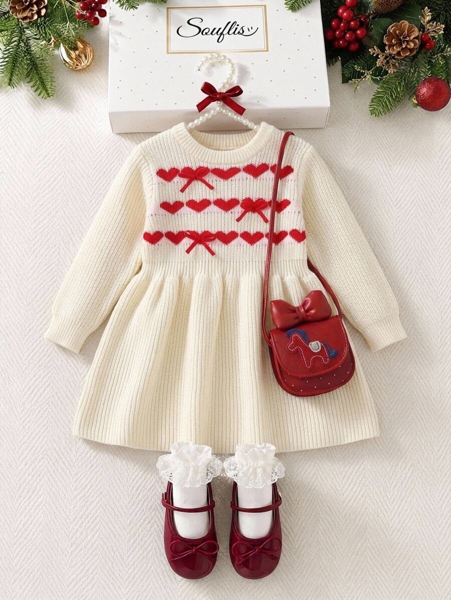Souflis Souflis Young Girls Apricot & Red Contrast Heart Bow Sweater Dress, Cute Ruffle Round Neck Long Sleeve Knit Dress - Beige - View 1
