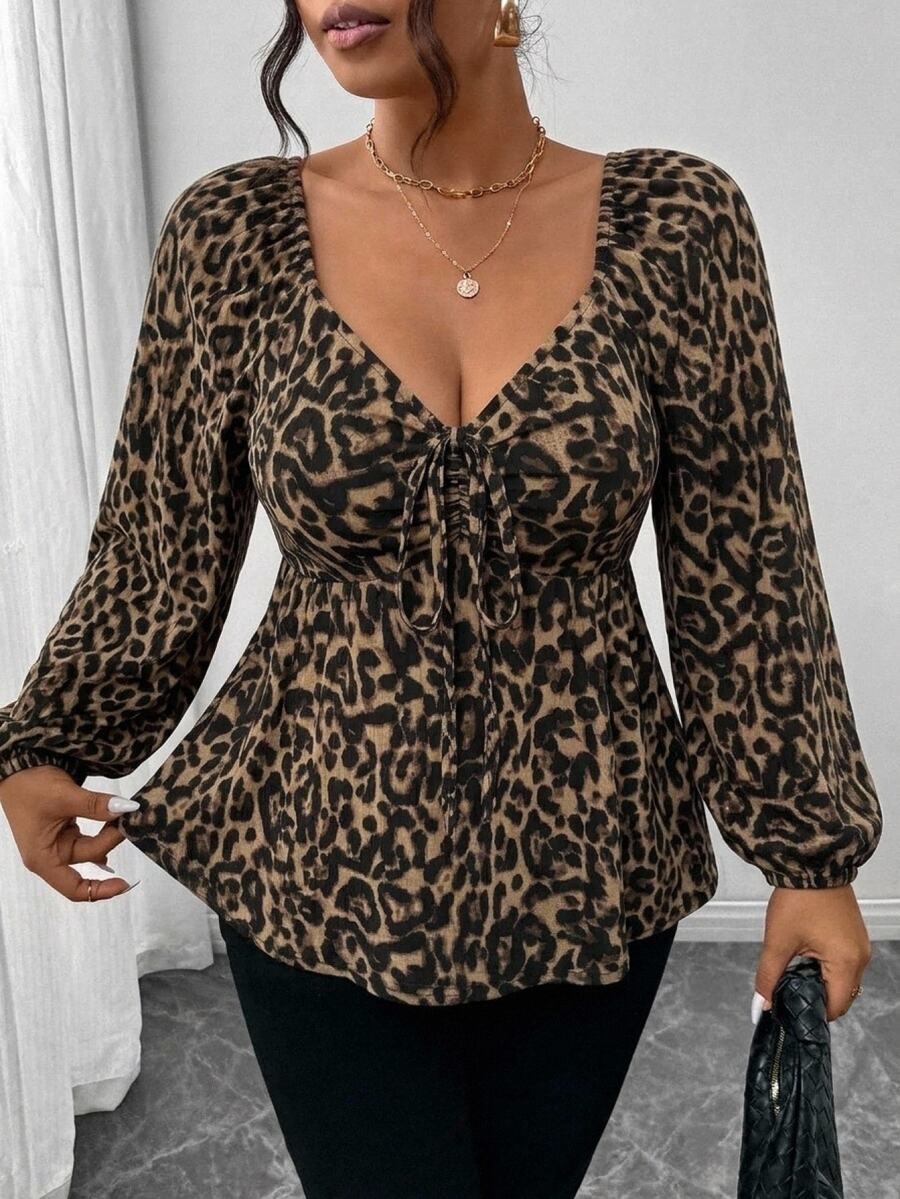 SHEIN Frenchy Casual Retro Leopard Print Knit Fabric Plus Size Long Sleeve T-Shirt, Suitable For Autumn/Winter, Party - Brown - View 1