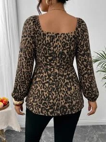 SHEIN Frenchy Casual Retro Leopard Print Knit Fabric Plus Size Long Sleeve T-Shirt, Suitable For Autumn/Winter, Party - Brown - View 2