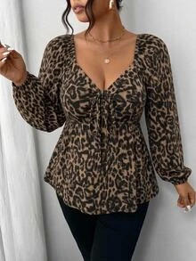 SHEIN Frenchy Casual Retro Leopard Print Knit Fabric Plus Size Long Sleeve T-Shirt, Suitable For Autumn/Winter, Party - Brown - View 5