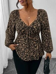 SHEIN Frenchy Casual Retro Leopard Print Knit Fabric Plus Size Long Sleeve T-Shirt, Suitable For Autumn/Winter, Party - Brown - View 4