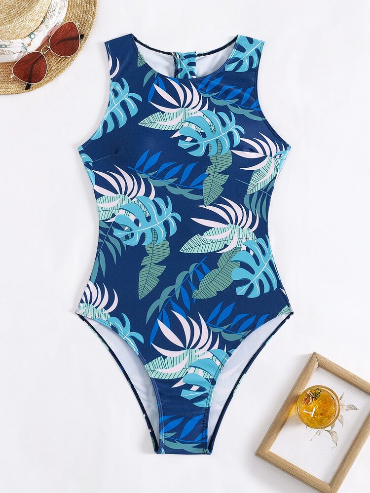 Swim SPRTY Summer Beach Tropical Plant Printed One-Piece Swimsuit - Multicolor - View 3