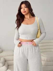 SHEIN EZwear Plus Size Women Solid Color Square Neck Long Sleeve Top & Pants Fashion Casual 2 Pieces Set Fall - Grey - View 7