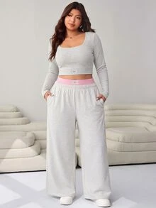 SHEIN EZwear Plus Size Women Solid Color Square Neck Long Sleeve Top & Pants Fashion Casual 2 Pieces Set Fall - Grey - View 8
