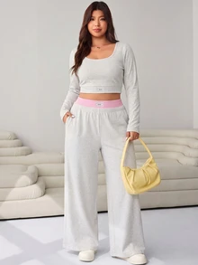 SHEIN EZwear Plus Size Women Solid Color Square Neck Long Sleeve Top & Pants Fashion Casual 2 Pieces Set Fall - Grey - View 5
