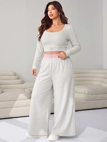 SHEIN EZwear Plus Size Women Solid Color Square Neck Long Sleeve Top & Pants Fashion Casual 2 Pieces Set Fall - Grey - View 9