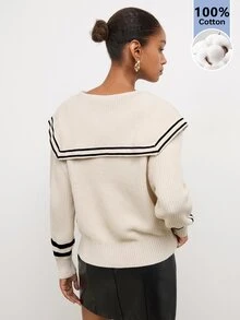 Maija Women's Striped Sailor Collar Button Design Long Sleeve Sweater - Apricot - View 3