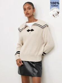 Maija Women's Striped Sailor Collar Button Design Long Sleeve Sweater - Apricot - View 4