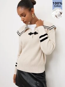 Maija Women's Striped Sailor Collar Button Design Long Sleeve Sweater - Apricot - View 6