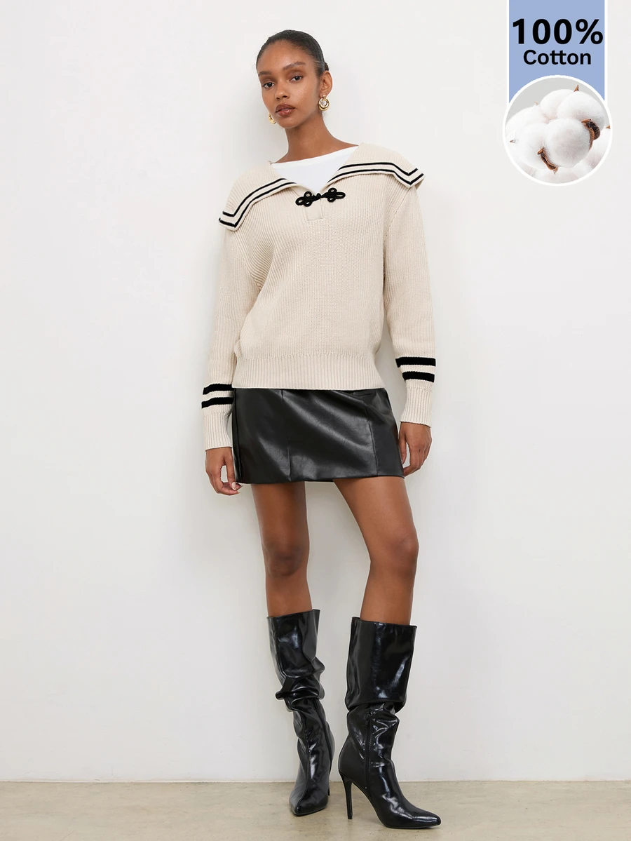 Maija Women's Striped Sailor Collar Button Design Long Sleeve Sweater - Apricot - View 1