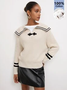 Maija Women's Striped Sailor Collar Button Design Long Sleeve Sweater - Apricot - View 1