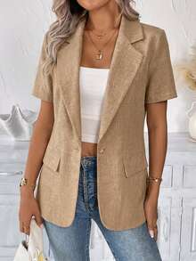 SHEIN LUNE INS Style Smart Casual Elegant Leather Women's Blazer, Spring/Summer/Autumn Office Brunch Commute Casual Wear Autumn/Winter Teachers' Day Khaki - Khaki - View 4