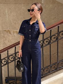 Siren Gaze 女款鈕扣休閒日常牛仔連身褲 秋季女裝 返校穿搭 優雅連身褲 女款工作裝 連身短褲 - 深色水洗藍 - 查看 4