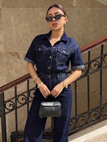 Siren Gaze 女款鈕扣休閒日常牛仔連身褲 秋季女裝 返校穿搭 優雅連身褲 女款工作裝 連身短褲 - 深色水洗藍 - 查看 5