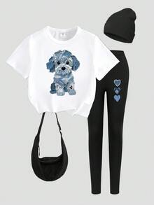 SHEIN 青少年女孩 1 套裝 卡通狗狗印花短袖 T 恤 & 愛心印花內搭褲 可愛休閒日常服裝 適合學校或職業場合 - 彩色 - 查看 4