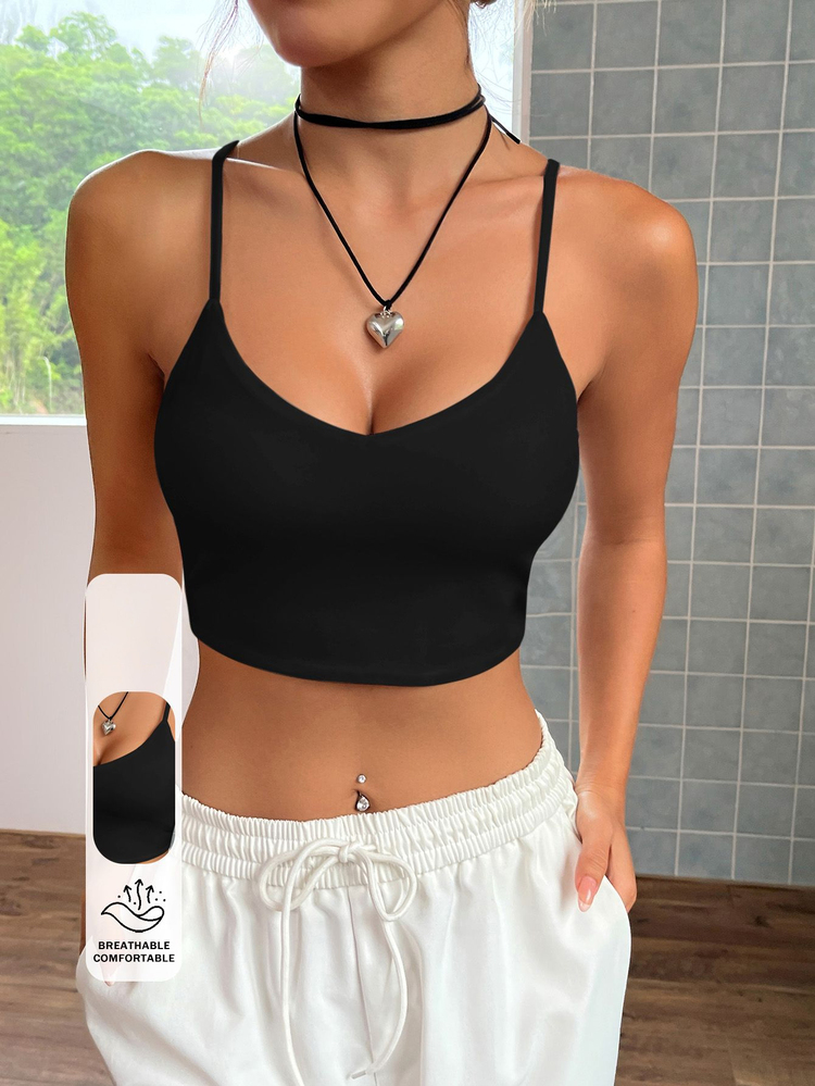 SHEIN EZwear Solid Color Backless Crop Cami Top Night Out Black Summer Sexy - Black - View 6