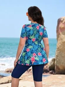 SHEIN Swim Plus Size Women 2 Pieces Random Printed Long Sleeve Top And Leggings Burkini Set, Modest Style For Beach, Pool, Holiday For Summer Beach Vacation - Multicolor - View 2
