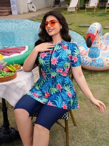 SHEIN Swim Plus Size Women 2 Pieces Random Printed Long Sleeve Top And Leggings Burkini Set, Modest Style For Beach, Pool, Holiday For Summer Beach Vacation - Multicolor - View 6