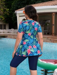 SHEIN Swim Plus Size Women 2 Pieces Random Printed Long Sleeve Top And Leggings Burkini Set, Modest Style For Beach, Pool, Holiday For Summer Beach Vacation - Multicolor - View 4