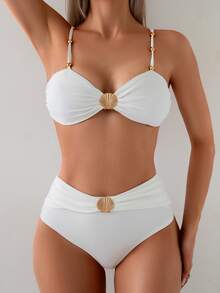 SHEIN Swim 2025 Spring/Summer Women Elegant Holiday Metal Shell Bead Strap High Waist Tummy Control Brown Bikini Set - White - View 4
