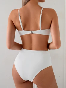 SHEIN Swim 2025 Spring/Summer Women Elegant Holiday Metal Shell Bead Strap High Waist Tummy Control Brown Bikini Set - White - View 2