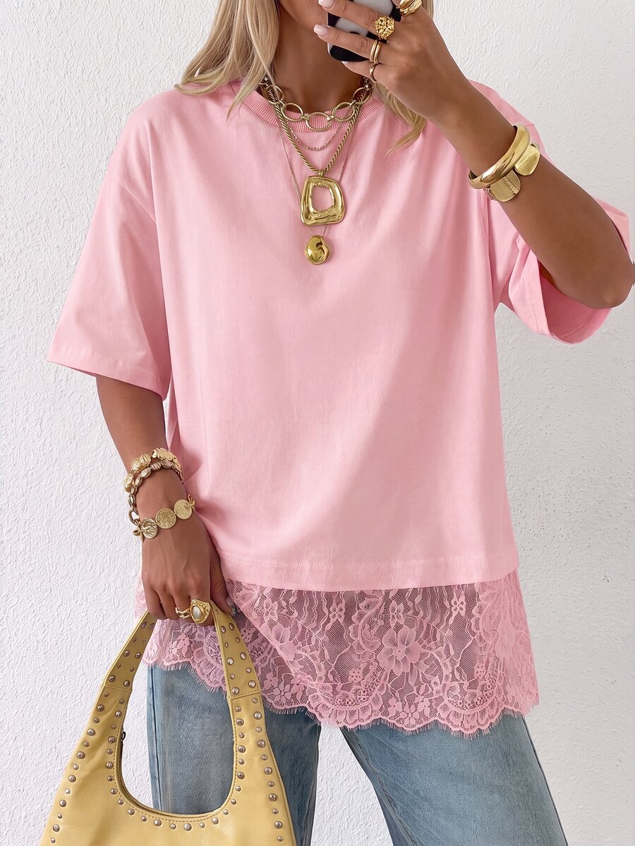SHEIN EZwear 粉色針織女款短袖T恤,蕾絲下擺 - 粉色 - 查看 1