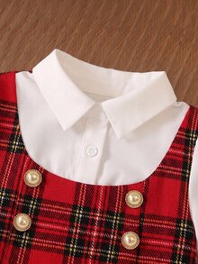 SHEIN 女嬰可愛學院風休閒拼色格紋長袖領口洋裝 - 紅色 - 查看 5