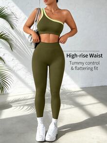 Dewbera Dewbera Seamless One-Shoulder Yoga Tank Top & High-Elastic Butt-Lifting Women's Sports Set - Army Green - View 3