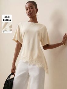 Briarwyn Women's Solid Color Round Neck Short Sleeve Contrast Lace Fashion Top - Apricot - View 8
