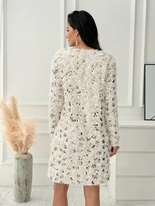 Medorina Elegant Sophisticated, Sequin Sparkly Glitter,Dress Long Sleeve, Fuzzy Shaggy Texture, White Gold, Slim Fit, Party Night, Christmas, Winter Season - Multicolor - View 2