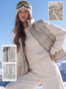 SHEIN BASICS Women's Solid Color Casual Versatile Winter Padded Vest - Khaki - View 1