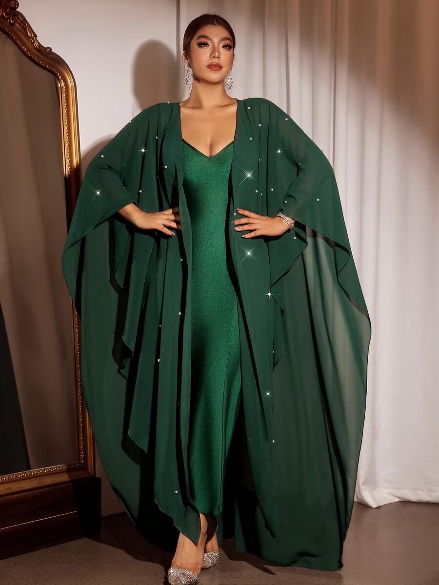 Cravure Plus Size Women's Elegant Romantic Dark Green Pearl Chiffon Flowy Cardigan & Cami Dress 2 Pieces Set, Versatile For Daily Wear And Multiple Occasions - Dark Green - View 1