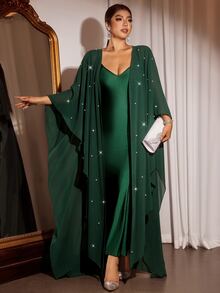 Cravure Plus Size Women's Elegant Romantic Dark Green Pearl Chiffon Flowy Cardigan & Cami Dress 2 Pieces Set, Versatile For Daily Wear And Multiple Occasions - Dark Green - View 6