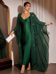 Cravure Plus Size Women's Elegant Romantic Dark Green Pearl Chiffon Flowy Cardigan & Cami Dress 2 Pieces Set, Versatile For Daily Wear And Multiple Occasions - Dark Green - View 7